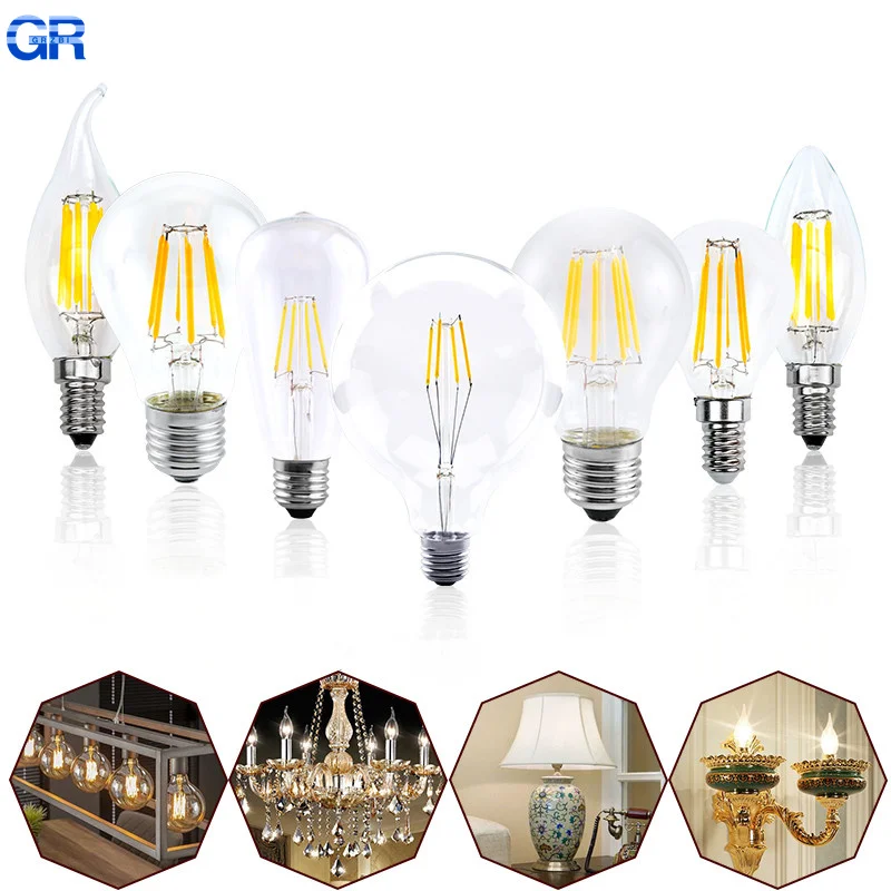 LED Retro Edison Bulb E14 E27 AC 220V 2W 4W 6W 8W Light Bulb C35 G45 A60 ST64 G80 G95 G125 Glass Filament Vintage COB Lamp