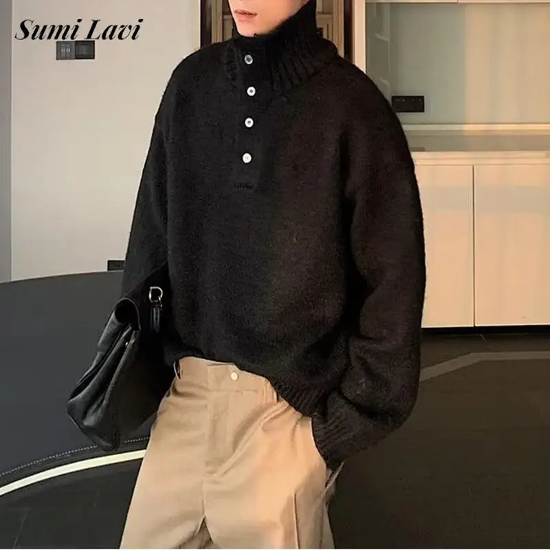 

2025 Fall Winter Casual Mens Knit Sweater Jumper Tops Long Sleeve Buttoned Turtleneck Sweaters Men Vintage Solid Color Sweater
