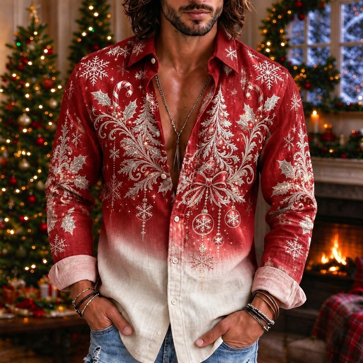 Christmas Button Down Shirt Xmas Family Gathering PartyGradient Snowflake Candy Cane Xmas Tree Print,Men Long Sleeve Lapel Shirt