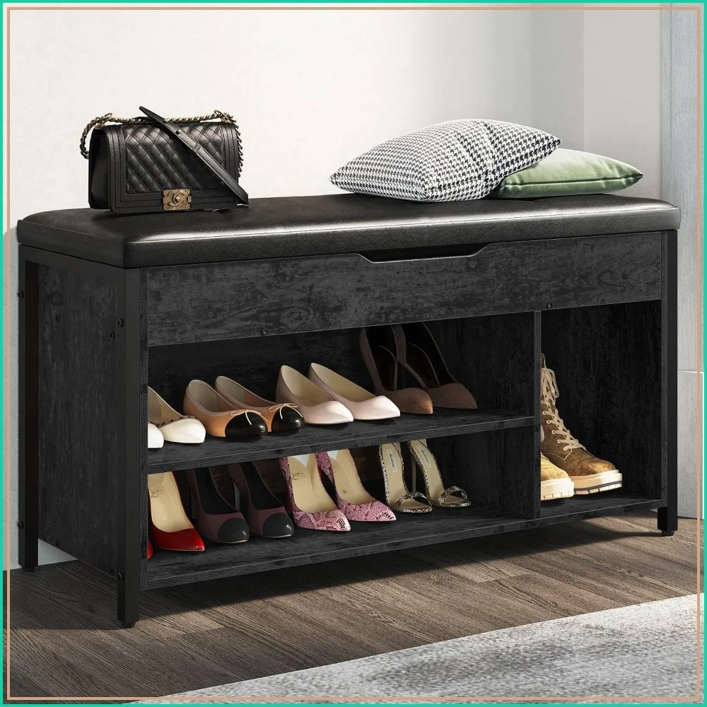 Lift Top Shoe Storage Bench with Adjustable Shelf, Metal & Wood Entryway Bench, Black 39.5W