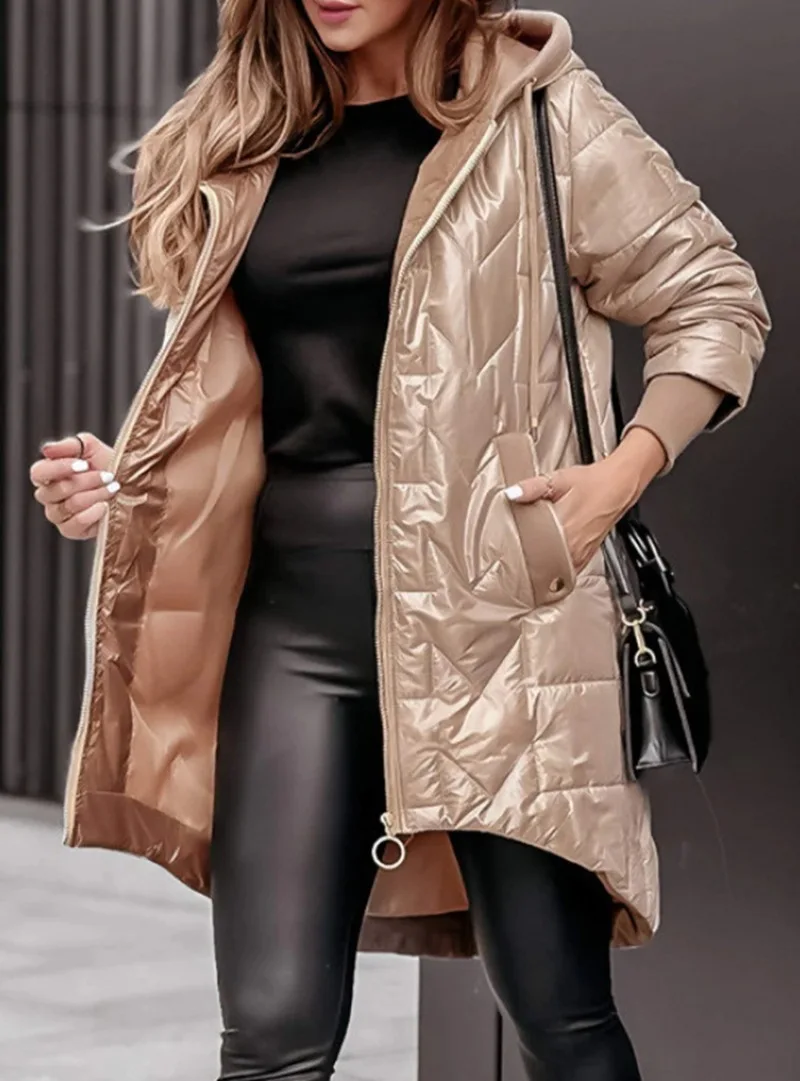 Winter Hooded Loose Solid Color Zipper Cotton Jacket Women Quilted Puffer Coat Fleece Lined Long Warm Irregular Hem Outerwear