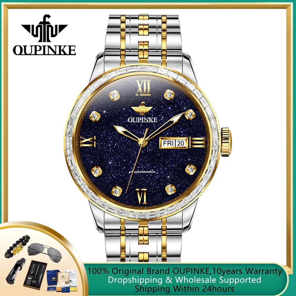 

OUPINKE Original Automatic Watch for Men Luxury Diamond Men's Wristwatch Starry Sky Dial Imported Mechancial Movement Man Watch