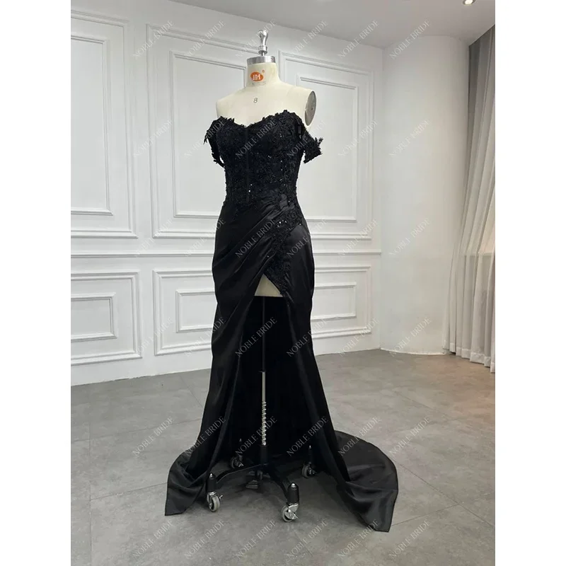 Custom Sweetheart Off Shoulder Women Beading Lace Corset Evening Gown Factory Pleat Sexy Slit Black Silk-like Prom Party Dresses