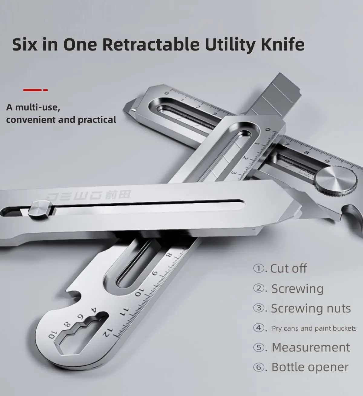 Coltello artistico multifunzione 6in1, coltello multiuso premium affilato in acciaio inossidabile da 18 mm Design per rottura coda/righello/taglia apribottiglie