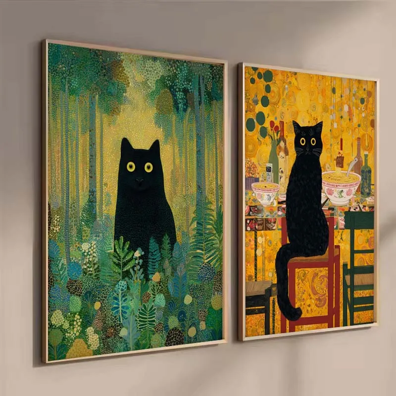 Black Cat in Restaurant Gustav Klimt Poster Print Yayoi Kusama Pointillism Art Print Canvas Painting Wall Picture Bedroom Decor