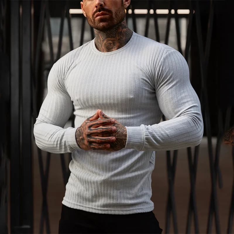 Autumn Running T-shirts Mens Classic Ribbed Knit Jumper Sports Long Sleeved Slim Fit Round Neck Casual Gym Fitness T Shirt