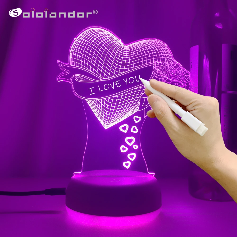 Rewritable 3D Night Light With Marker Heart Air Balloon Color Changing Nightlight for Girls Baby Room Decor Gifts Table Lamp