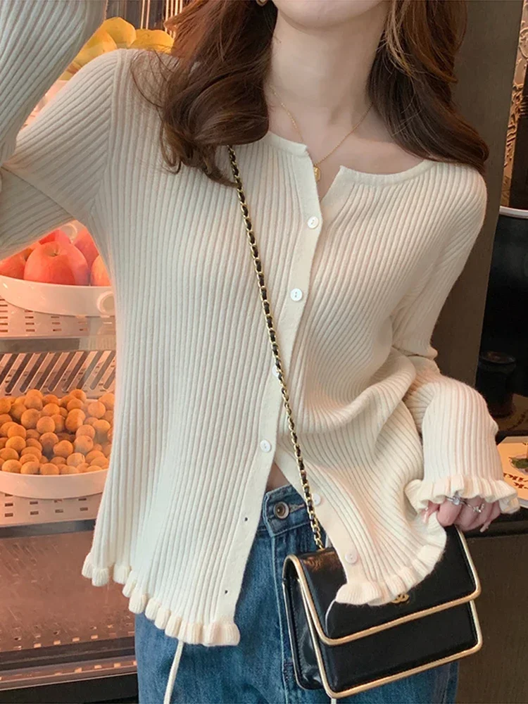 

Autumn Winter Women O-neck Cardigan Fashion Ruched Long Sleeve Sweater Temperament Knitted Solid Cardigans Streetwear Tops 2023