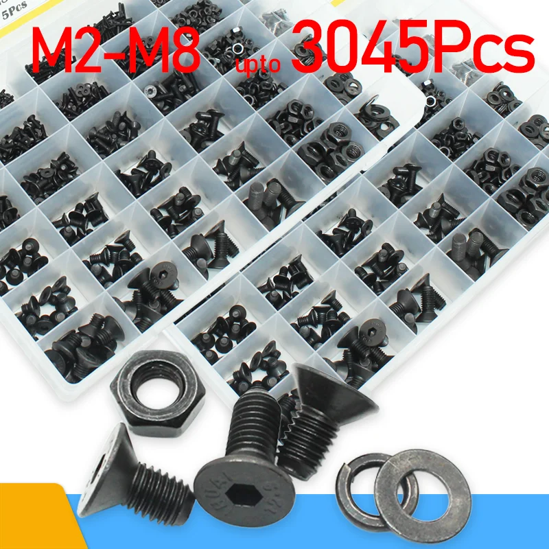 

2520P/set M2 M2.5 M3 M4 M5 M6 Black Grade 10.9 Steel Hexagon Hex Socket Head Flat Countersunk Allen Bolt Screw Nut Washer Kit