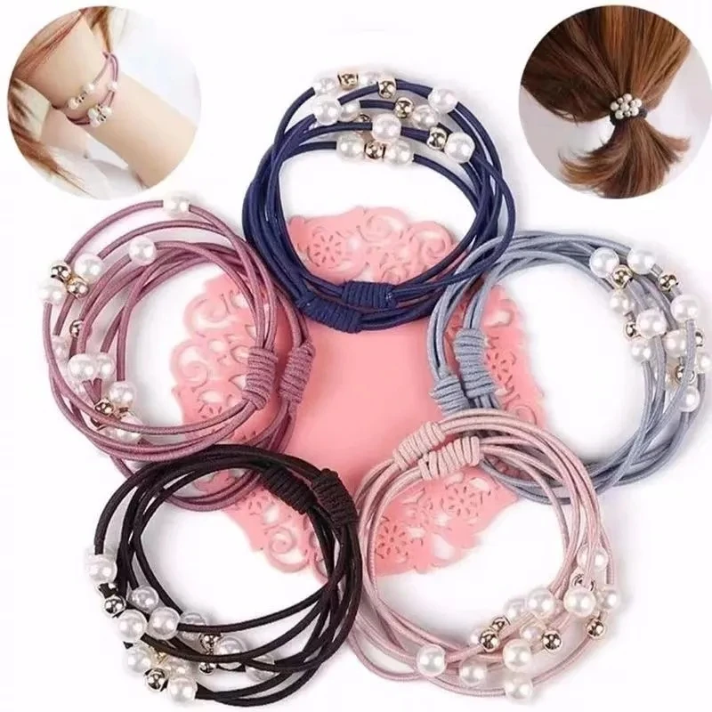 Symulowane perły Scrunchies akcesoria do włosów dla kobiet moda koreańskie wielowarstwowe elastyczne gumki dziewczyny kucyk Holder Tiara