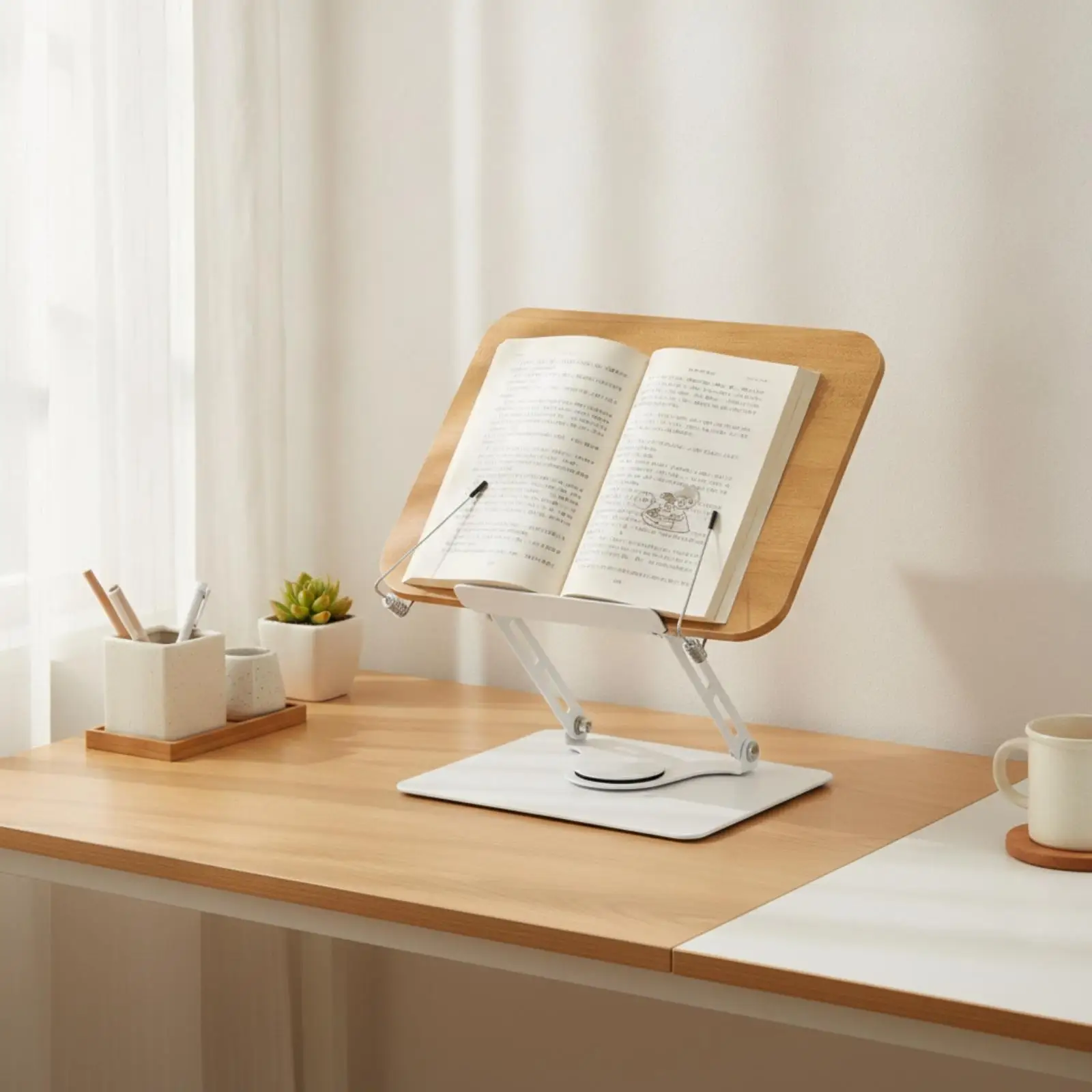 Desktop Book Stand with Wooden Board Rotating Adjustable Book Stand with Page Clips Hands Holder for Readers, Professionals,