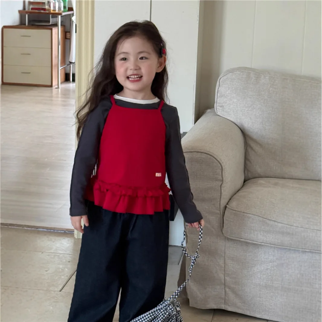 Long-sleeved T-shirt Red Camisole Two-piece Set Layering Autumn Korean Loose Casual Grils Children Fashionable Sweet Cute