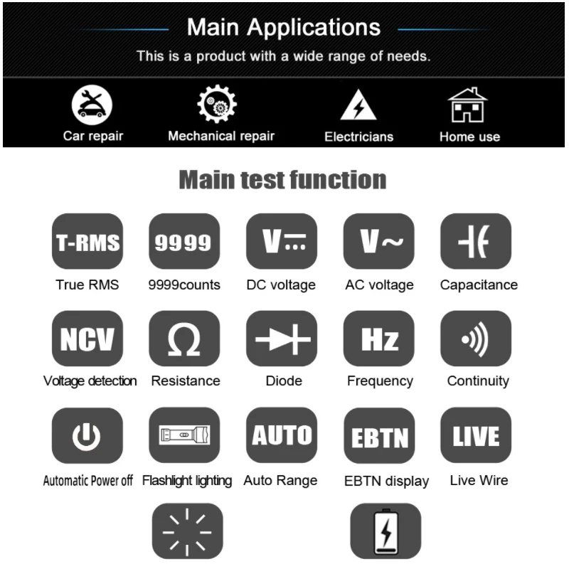BSIDE ADMS9CL Digital Multimeter TRMS 9999 Counts Ultra-Portable Ohm Volt Amp Tester for Measuring Voltage Current LCD Display