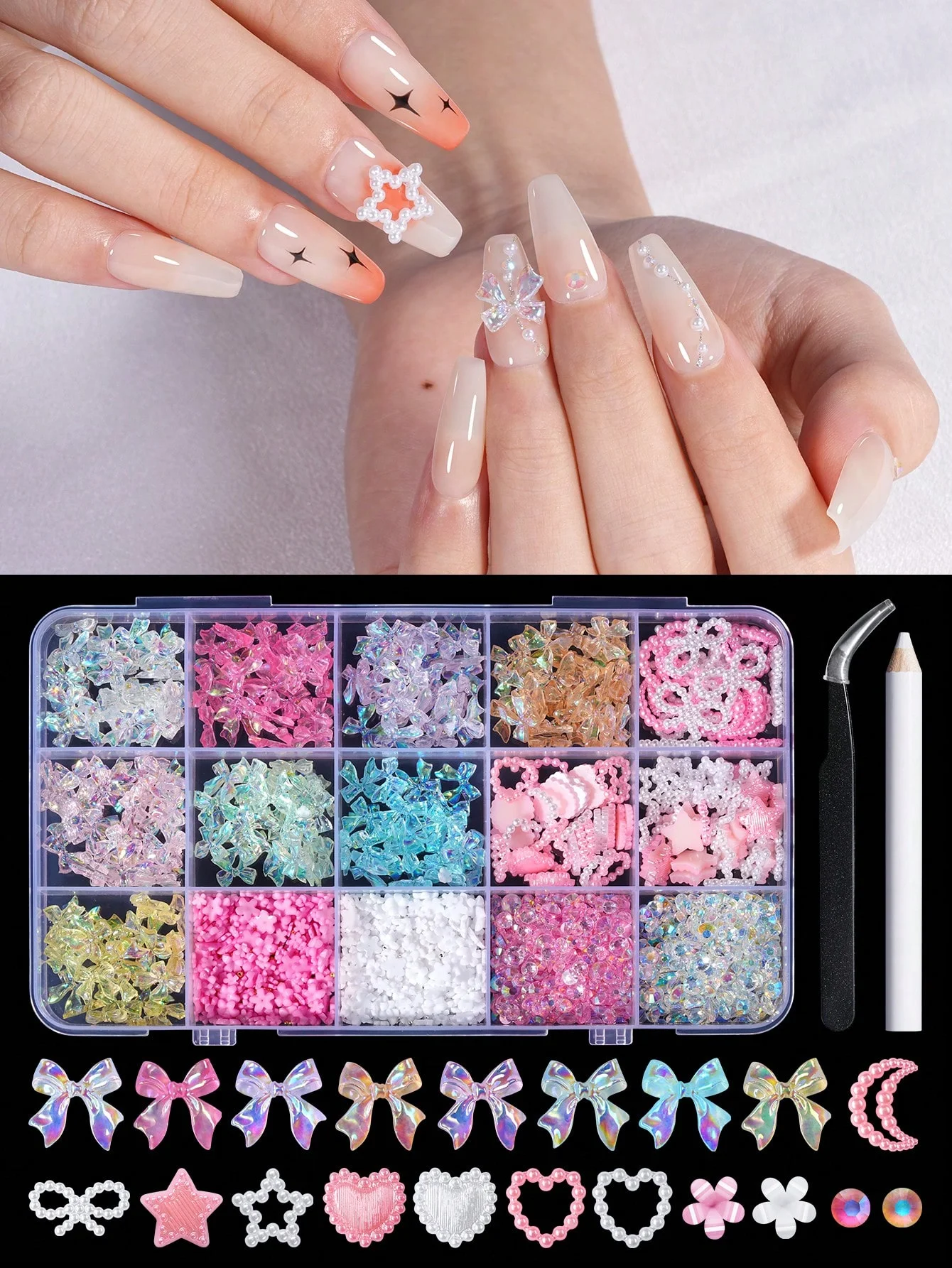 About 1000pcs 3D Multi-Color Flower+Bow+Heart+Star+Diamond Shaped Boxed Rhinestone Nail Decoration, Including Nail Clippers and