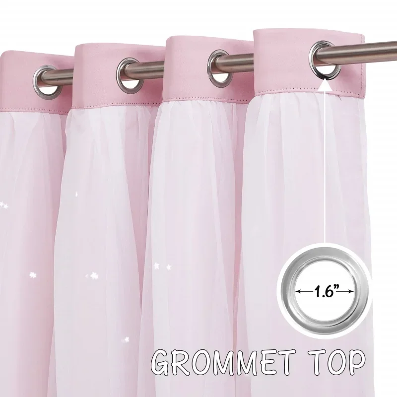 Double Layer Blackout Curtains, Hollow Star Grommet Top Window Curtain Ready Made for Kids Girls Bedroom & Living Room Decor