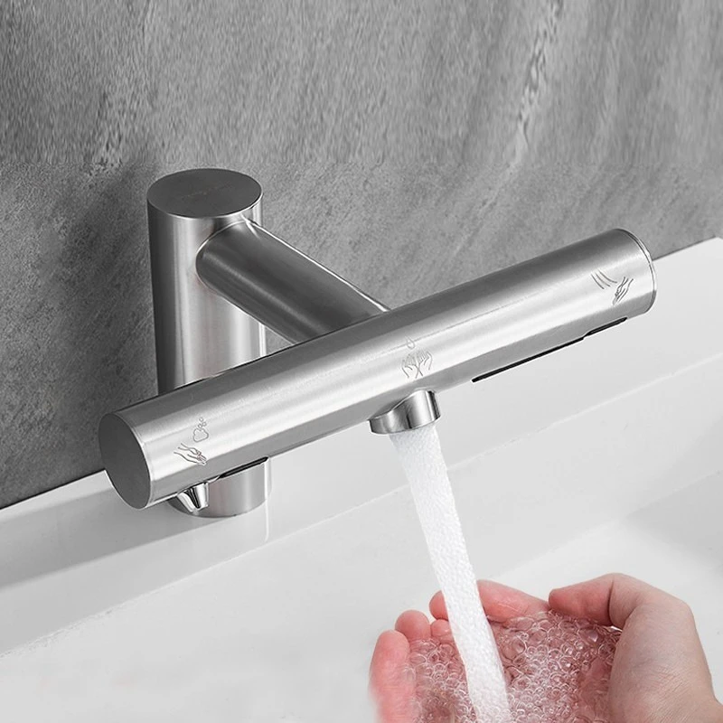 The sink is fully automatic induction, soap liquid outlet, water outlet, air outlet, three-in-one faucet hand dryer