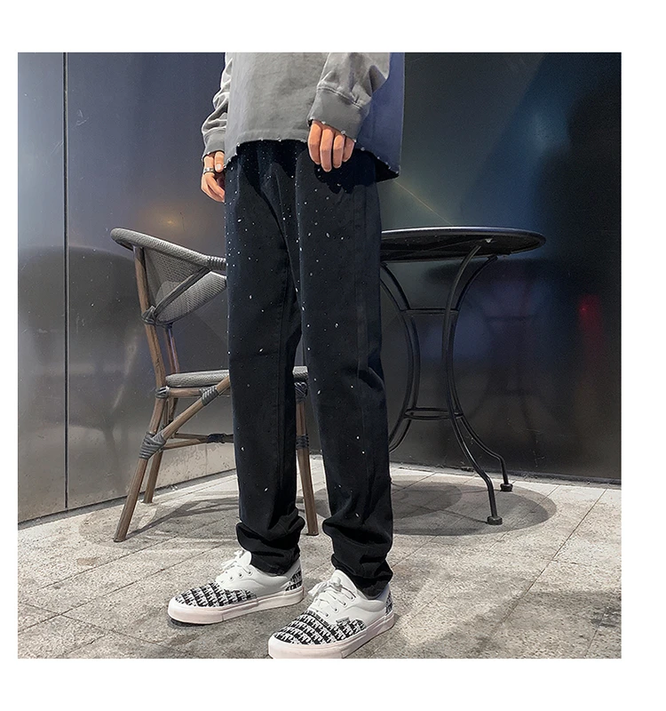Summer New Black Men's Slim Fit Jeans Fashion Trend Starry Heavy Ironwork Rhinestone Thin Straight Long Pants