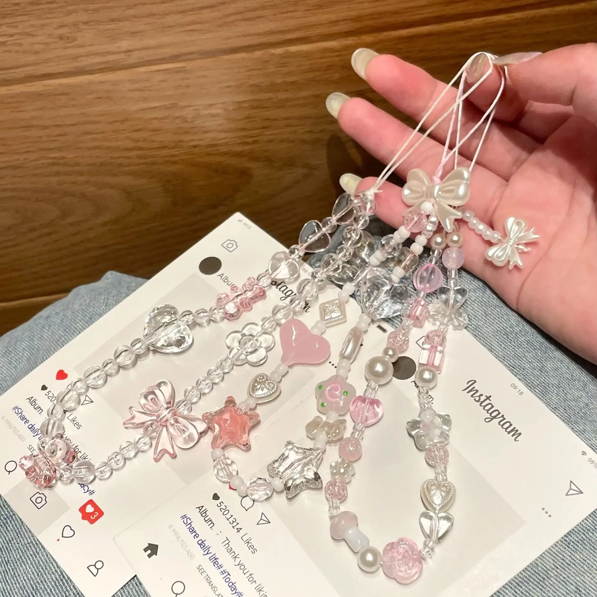 Sweet and Cute Pink bow Mobile Strap Phone Chains For Women Pearl Chain Phone Pendant Charm Key Anti-Lost Lanyard Jewelry