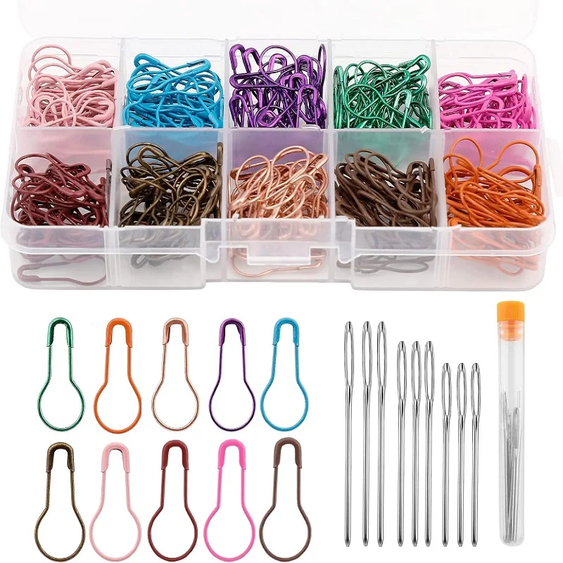 300Pcs Colourful Crochet Clips Knitting Accessories Stitch Markers with 9 Large-Eyed Blunt Hand Sewing Needles for DIY Handcraft