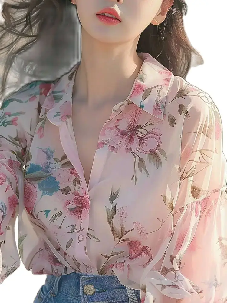 Camisas de gasa de Corea para mujer, blusas casuales estampadas, ropa de moda de primavera y verano, Tops sueltos de manga larga para mujer