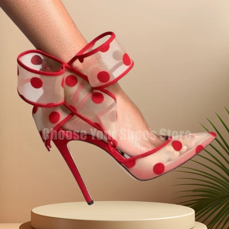 

2025 Sexy Mesh Grid Bow High Heel Shoes Women Pointed Toe Thin Heels Dress Shoes Red Dots Ankle Strap Pumps