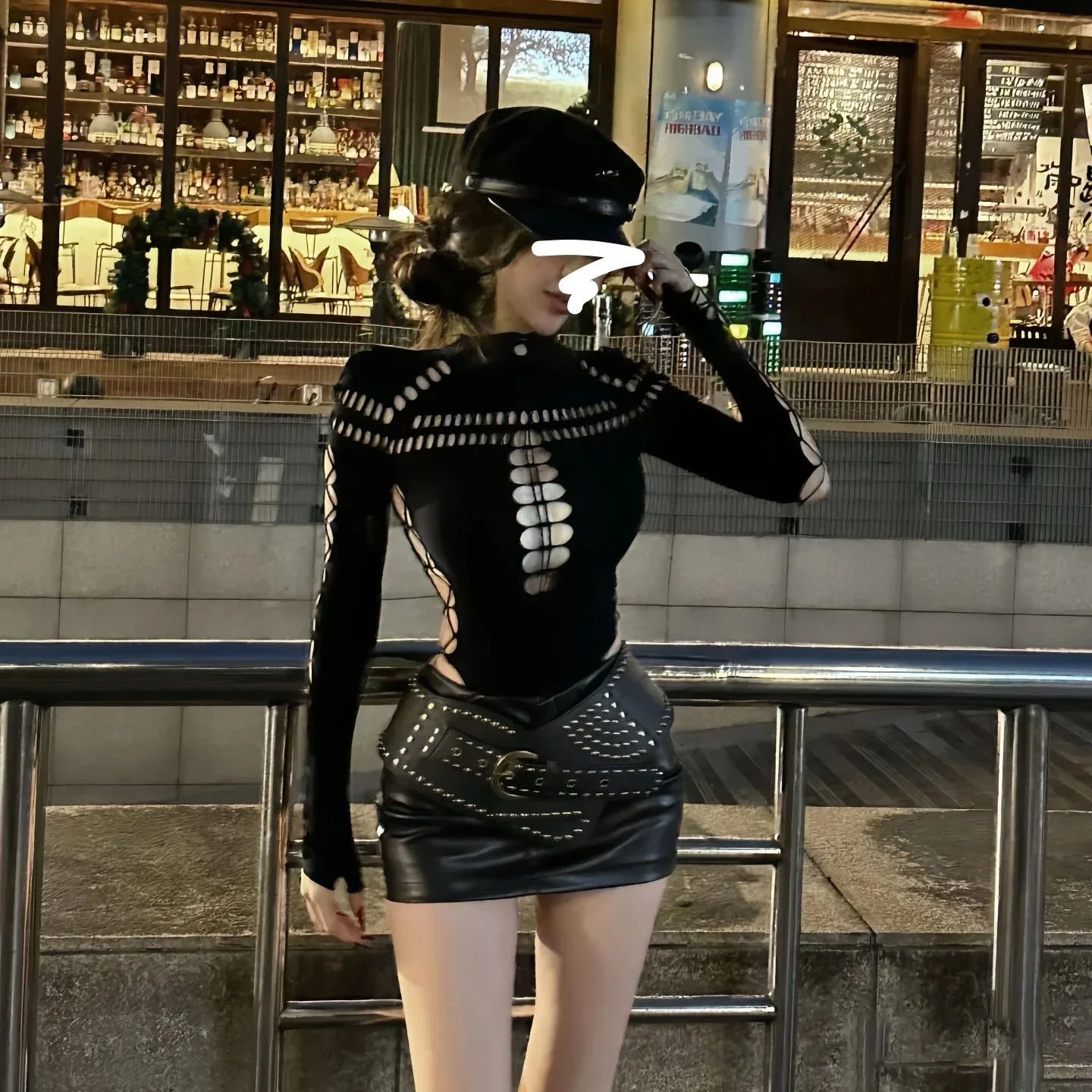 

KING BRAND k Sle Sexy Girl Set Hollow out Design Jumpsuit iny Leather Skirt Two Piece Set Autumn Season Faionable