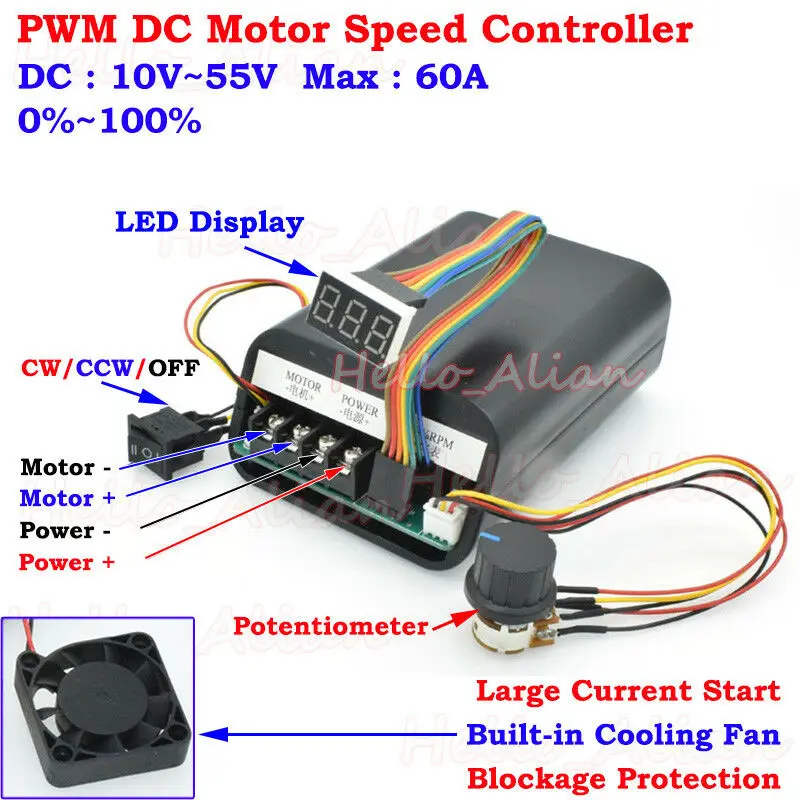 Digital DC12V 24V 36V 48V 60A hho PWM High power DC Motor Speed Controller CW CCW Revesible Switch Built-in cooling fan