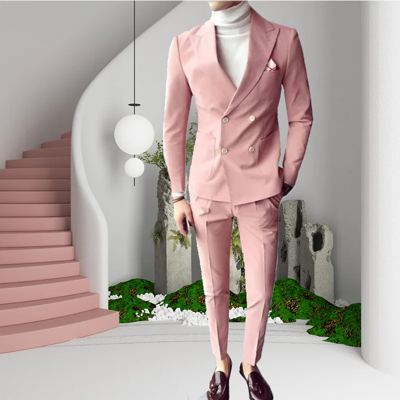 

2022 Latest Coat Pants Designs Double Breasted Men Pink Suits Wedding Dresses Slim Fit Groom Best Men Male Tuxedo Costume Homme