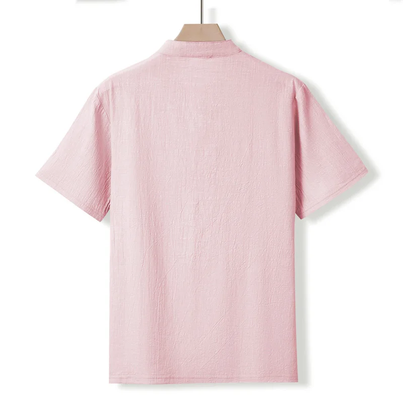 Herren-Henley-Shirt mit Stehkragen, Kurzarm, Baumwoll-Leinen-Mischung, Brusttasche, Atmungsaktiv, Sommer, Alltag, Reise, Strand, Freizeit-Oberteil – Detail 10