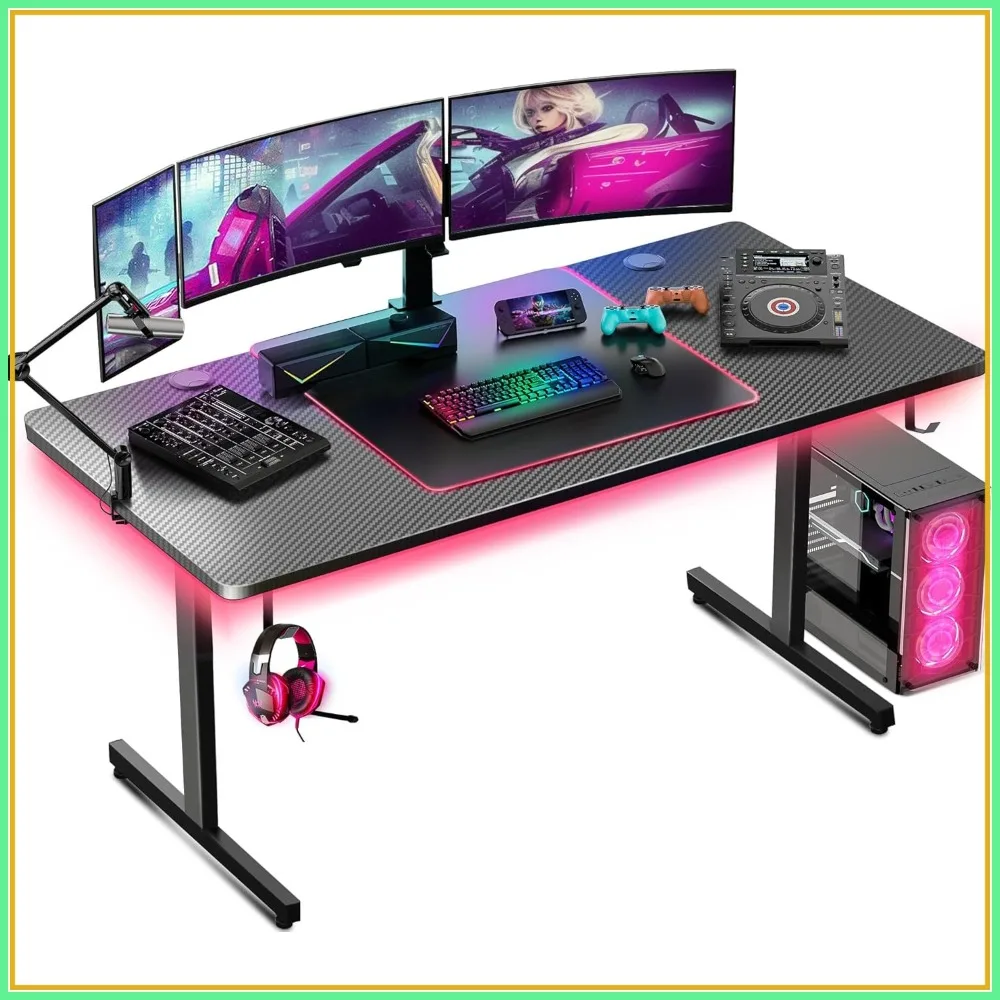 55" Gaming Desk with LED Lights, Large Computer Desk with Mouse Pad, T-Shaped Carbon Fiber Surface, Headphone Hook