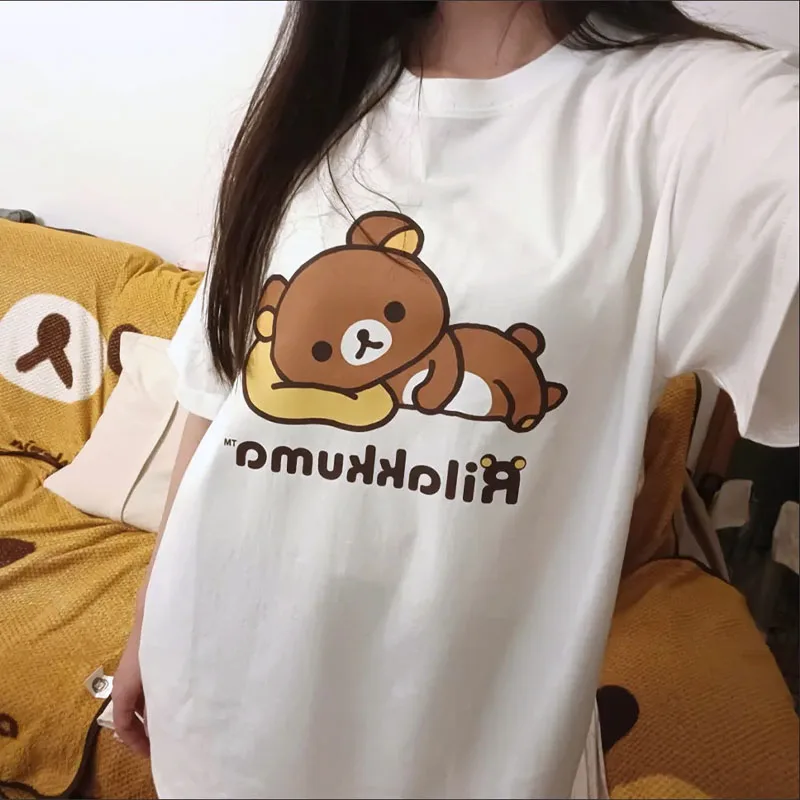 2024 Kawaii Cute Rilakkuma T-Shirt Cartoon Printed White Round Neck Short Sleeve Women\'s Top New Fashion Gifts for Girlfriend