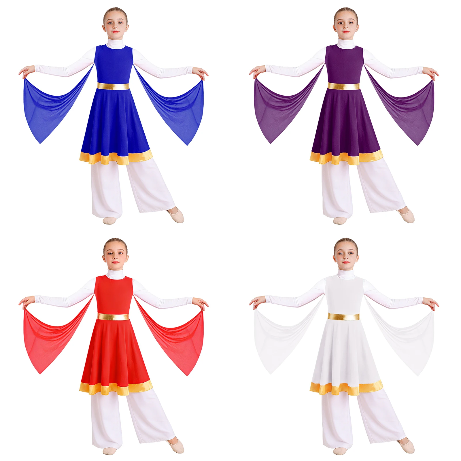 Kids Girls Sleeveless Mesh Drapes Praise Dance Dress Liturgical Worship Church Choir Lyrical Dancing Performance Tunic Gown - view 3