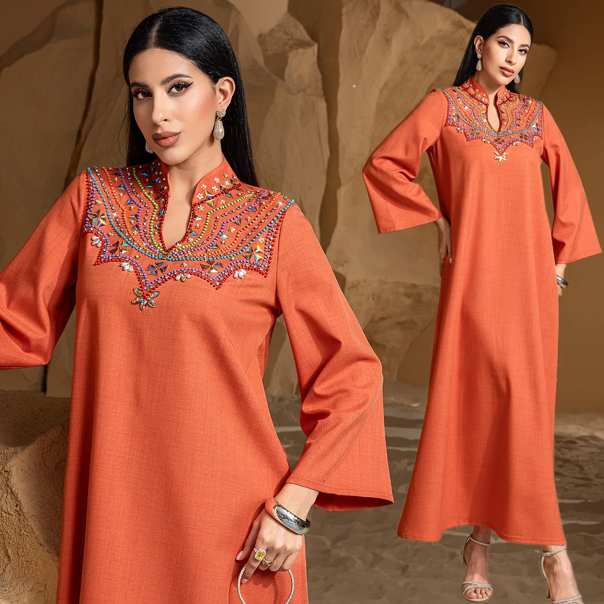 

Middle East New Fashion 2025 Muslim Women's Orange Casual Trendy Loose Diamond Long Sleeve Pullover Abaya Female Clothes Dress