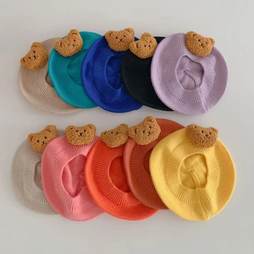 Solid Knitted Baby Beret Hat Artist Painter Bonnet Cartoon Bear Children Warm Beret Multicolour Princess Cap Autumn Winter