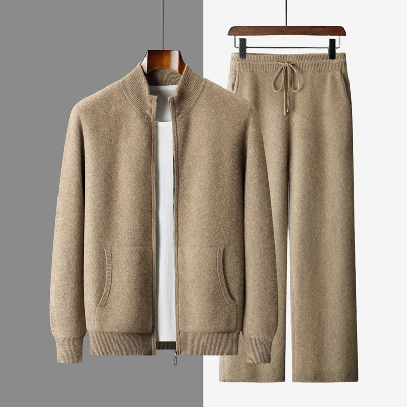 

CHICUU осенне-зимний мужской толстый комплект из 100% кашемира, кардиган на молнии с воротником-стойкой, широкие брюки, умный повседневный кашемировый свитер, брюки