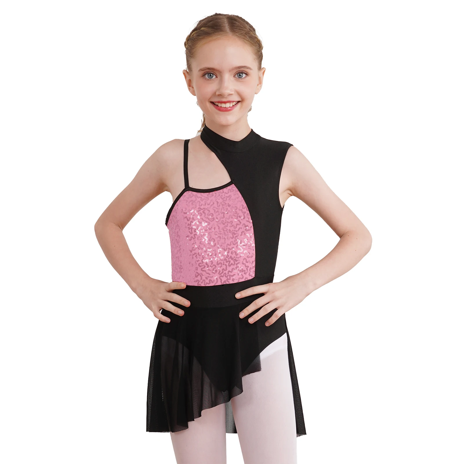 Kids Girl Rhythm Gymnastics Artistic Skating Ballet Jersey Costume Shiny Sequin Contemporary Ballet Dance Tights Jumpsuit Dress