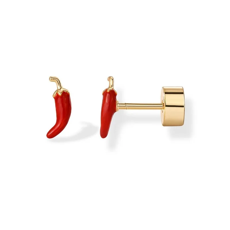 14K Gold Plated Enamel Flatback Stud Earrings for Women Colored Chili Pepper Strawberry Peach Cherry Dainty Piercing Jewelry