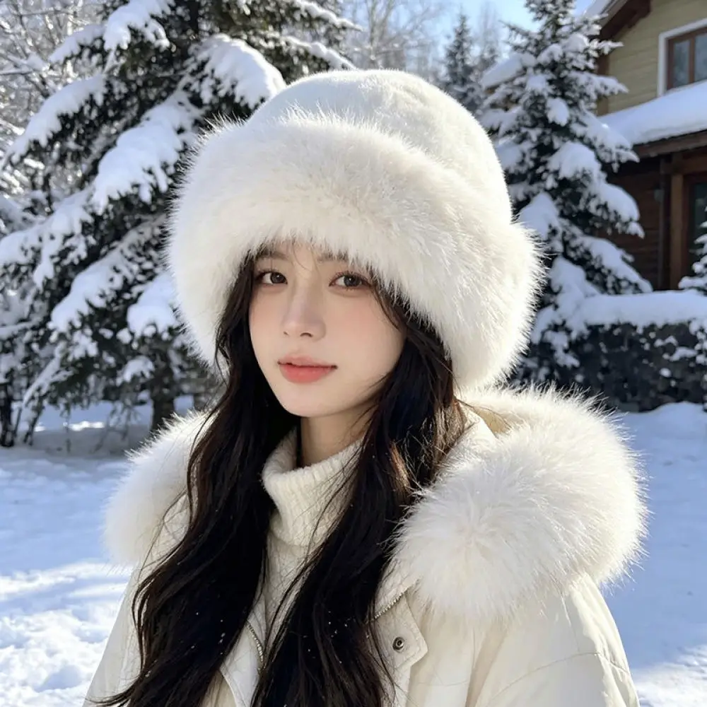 Womens Winter Warm Plush Hat Faux Thickened Cap Mongolian Style Soft Comfortable Windproof Casual Headgear