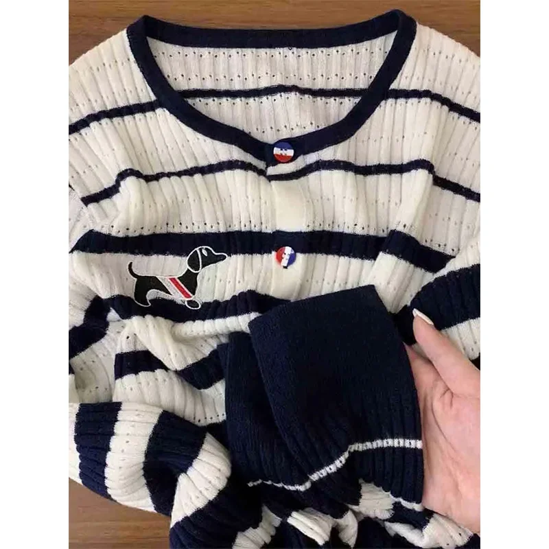 Women Clothing Striped Fashion Y2k Sweaters Cartoon Embroidery Vintage Knitted Cardigan Autumn Winter Elasticity Knitwear