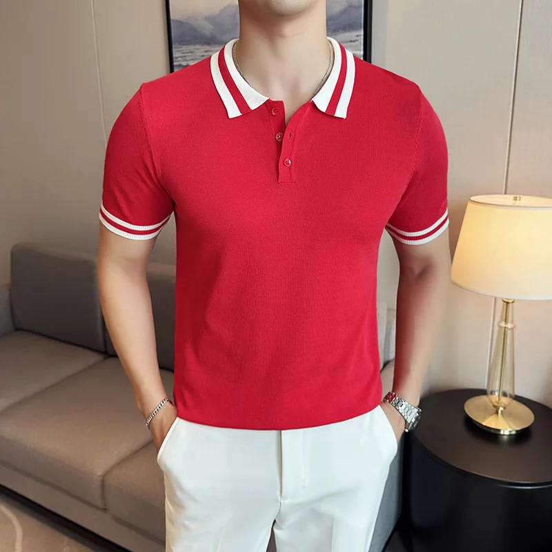 Korean Summer Knitted Polo Shirt for Men Casual Business Polo Shirts Short Sleeve Slim Fit Lapel T-shirts Fashion Men Clothing