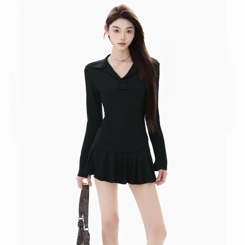 

Autumn collared long-sleeve shirtTT-shirt and pleated skirt set, high-waisted, slimming, pure and alluring style, ultra-short sk