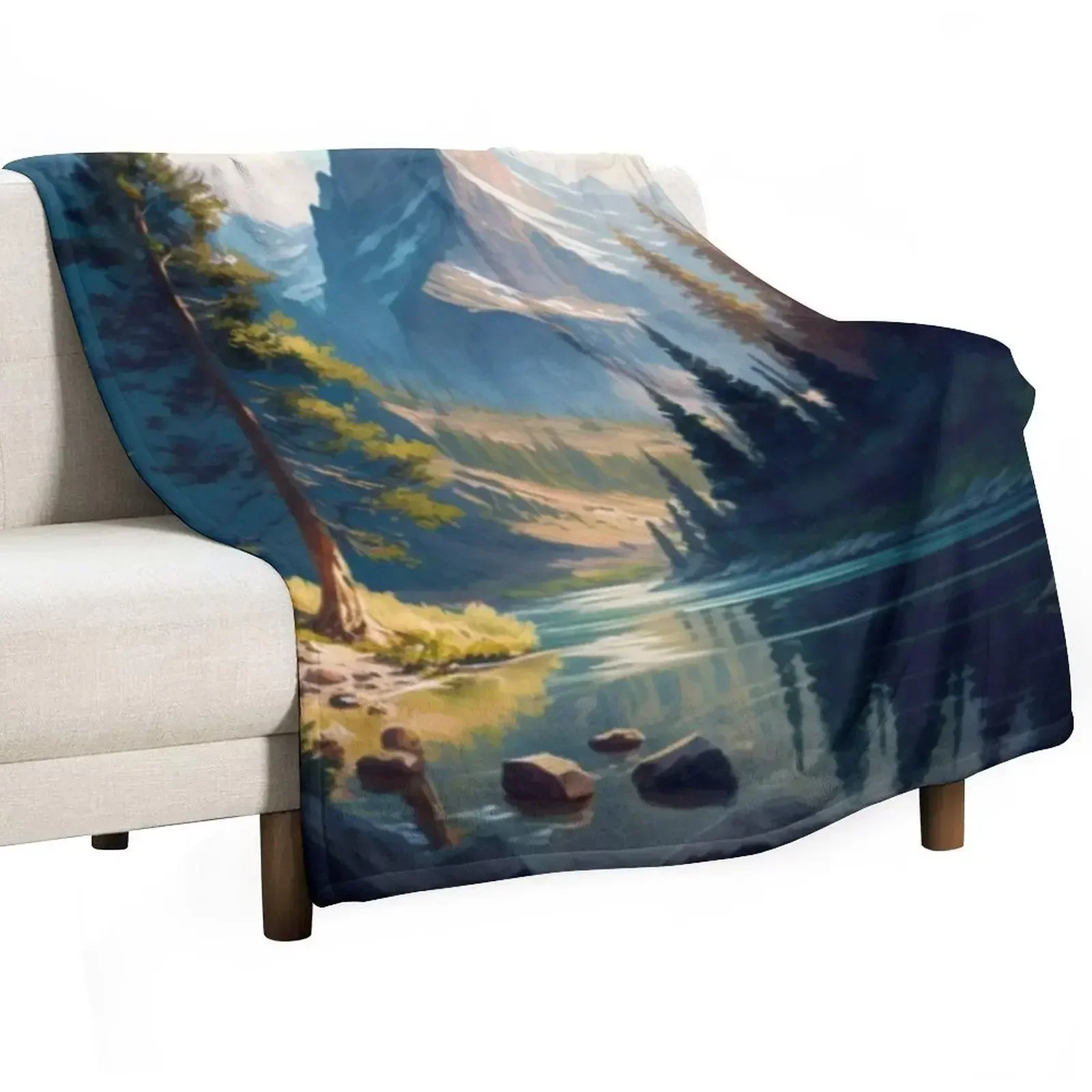 A beautiful landscape of majestic mountains, a sparkling river, and lush trees basking in the bright morning sun Throw Blanket