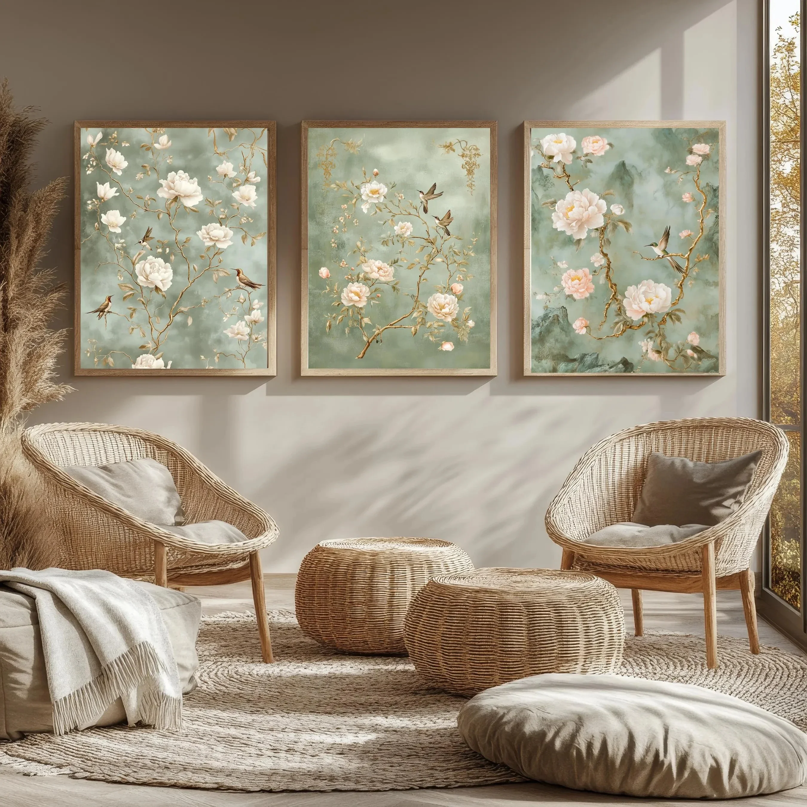 Large-sized frameless  Chinoiserie Peony & Hummingbird Canvas Wall Art – Elegant Floral Printing for Sophisticated Home