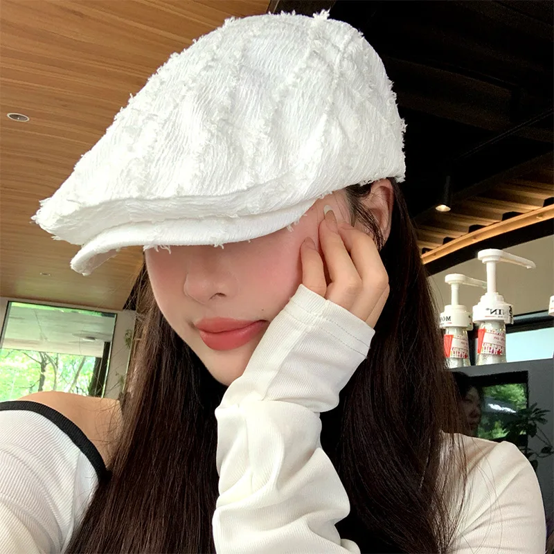 Burr Edge Berets for Women Girls Solid Color Simple Versatile Forward Hat Korean Literary Vintage Painter Caps Reverse Beret Cap