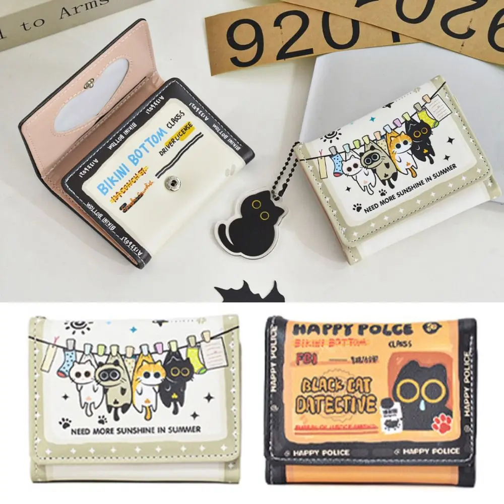 

Leather Cat Short Folding Wallet 1 Photo Bits 1 Banknote Slots Credit Card Holder Portable 5 Card Slots Money Purse Bag Gift