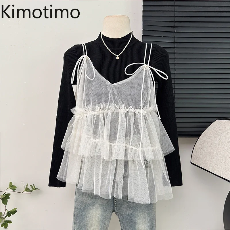 Kimotimo Tank Top Damen Französisch Süße Schleife Bandage Layered Mesh Solide Westen Camis 2025, Frühlingsfee überlappendes Design Y2k Crop Top