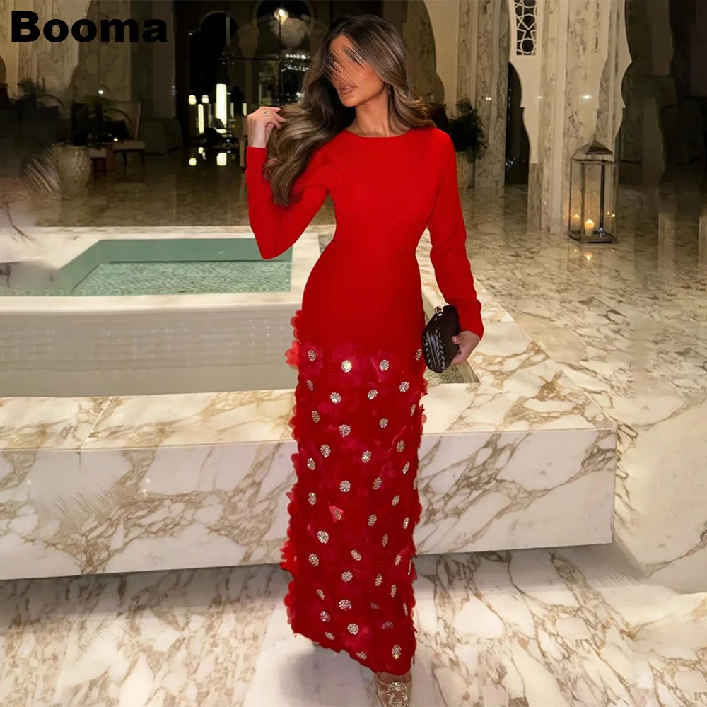 Booma Mermaid Evening Dresses O Neck Long Sleeves 3D Flowers Beading Formal Party Gowns Saudi Arabic Ankle Length Prom Dresses