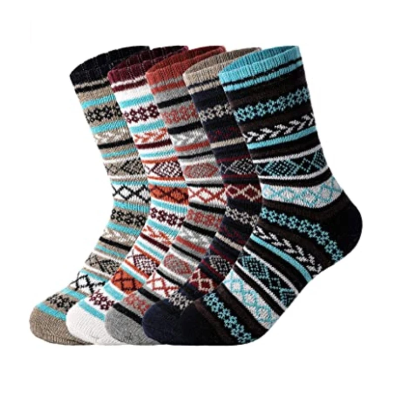 

5 Pairs Men Super Thick Thermal Warm Socks Faux Wool Knit Winter Striped Pattern Cozy Casual Tube Hosiery