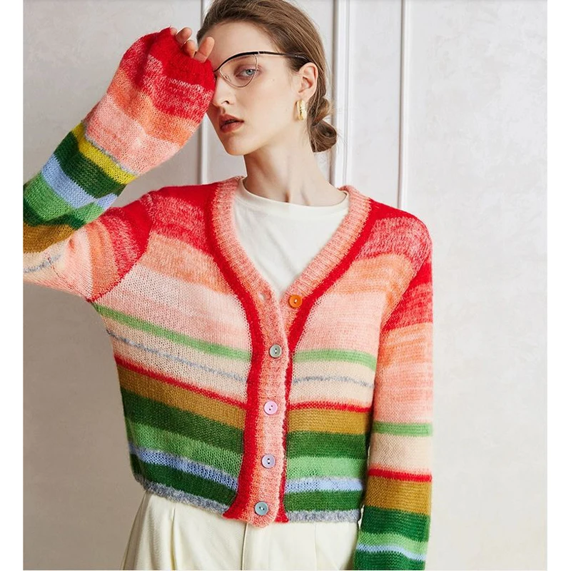 Rainbow Color Blocking Angora Striped Knitted Top Thin Style Women's Autumn New Multi-Pillar Outer Match Cardigan Top V-Neck