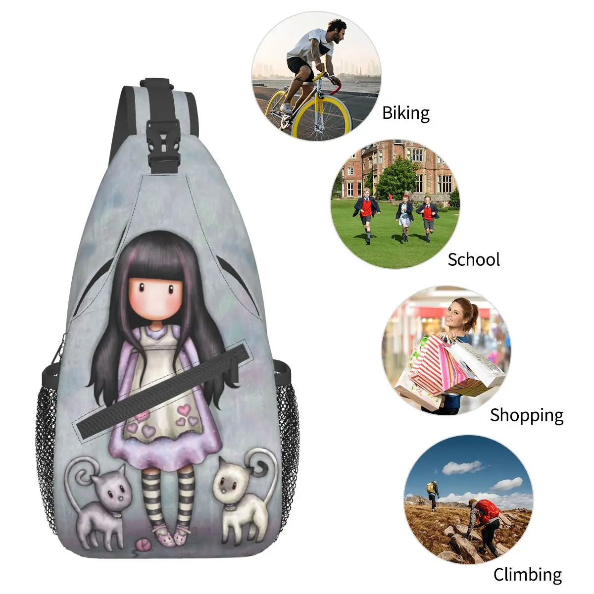 Santoro Gorjuss Boneca Crossbody Sling Sacos Pequeno Peito Bag Cartoon Ombro Mochila Daypack para Viagem Caminhadas Camping Bookbag